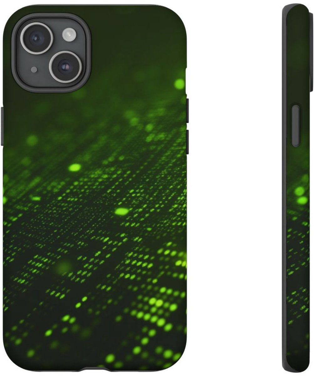 Abstract Digitaal Groen Rasterpatroon – Telefoonhoesje Geschikt voor iPhone 15 Plus
