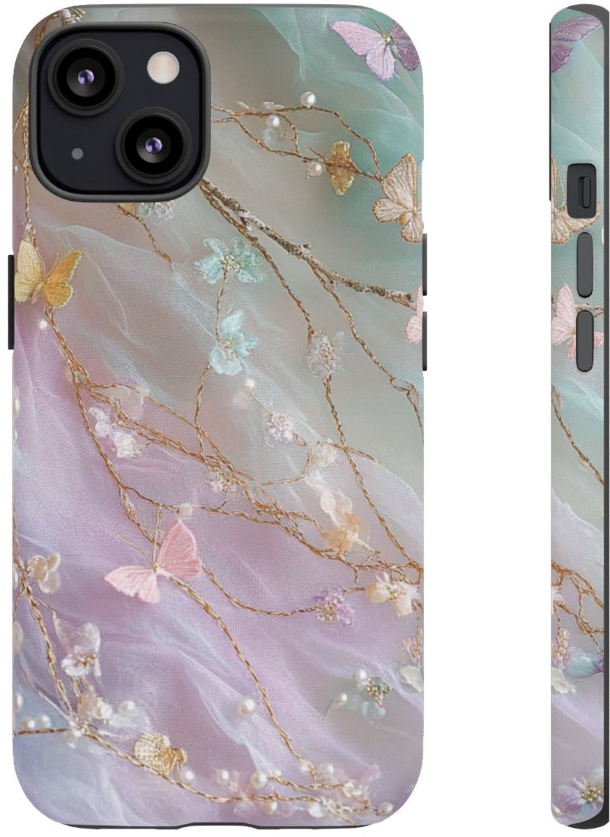 Iridescerende Pastel Vlinders en Parelaccenten – Telefoonhoesje Geschikt voor iPhone 13