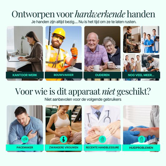 Een handmassager wordt getoond in vier scenario's: kantoorwerk, bouwvakker, ouderen en nog veel meer. Het apparaat is niet geschikt voor pacemakers, zwangere vrouwen, recente handblessures of huidproblemen.