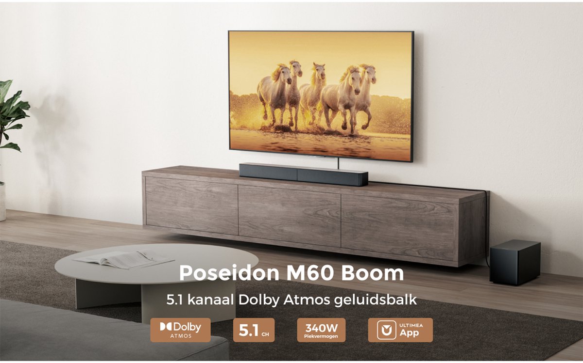 Afbeelding 2 van ULTIMEA Poseidon M60 Boom - 5.1-kanaals Dolby Atmos-soundbar, 340W surround sound met bekabelde subwoofer, VoiceMX™ en Bluetooth 5.4