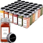S.old 36 Glazen Kruidenpotjes Vierkant met Deksel en Stickers - Kruidenstrooier - Spice Jars - Complete set met 2 Soorten Strooideksels, Voorbedrukte Stickers en Trechter - 120 mL