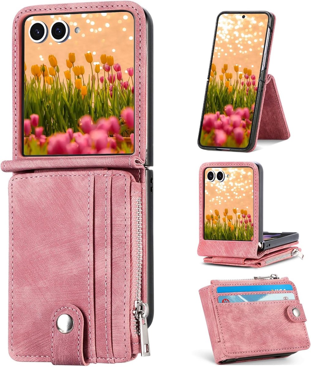 Zandarix Geschikt voor Samsung Galaxy Z Flip 7 - PU-leren - Kaartenvak - Klaphoes - Back Cover Hoesje - Roze