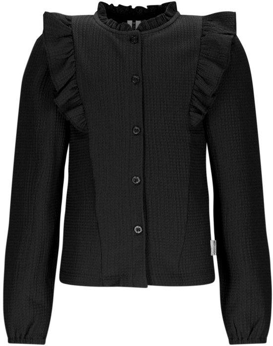 Zwarte blouse met ruches op de schouders en kraag, knoopsluiting.