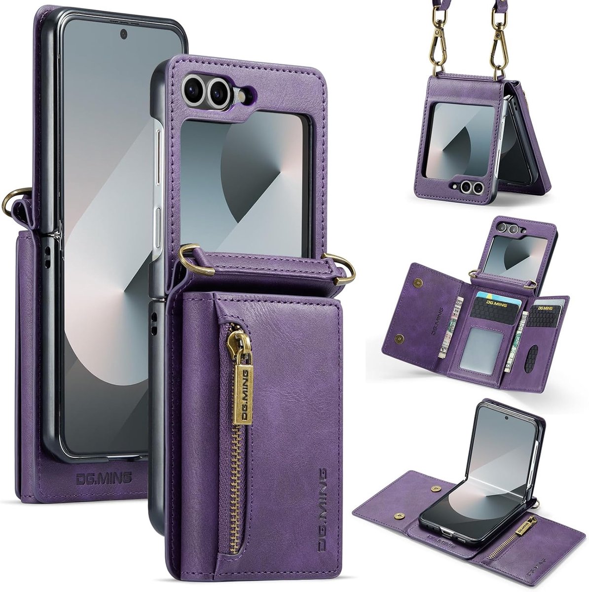 Zandarix Geschikt voor Samsung Galaxy Z Flip 7 - Mat lederen hoesje met ritssluiting - Schouderriem - Back Cover Hoesje - Paars