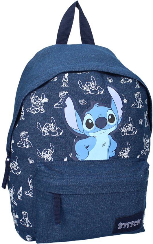 Blauwe denim rugzak met Stitch-print en groot Stitch-figuur op voorvak.