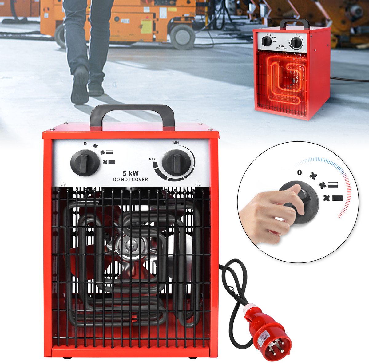 5KW ventilatorkachel elektrische kachel industriële elektrische kachel 3 verwarmingsstanden elektrische kachel overbelastingsbeveiliging thermostaat voor binnen en buitengebruik 400 V/3~50 Hz Alleen geschikt voor industriële stroomvoorziening Rood