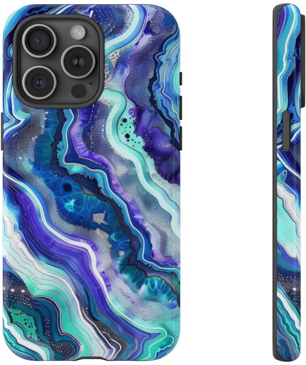 Blauw en Turquoise Geode Wervelpatroon – Telefoonhoesje Geschikt voor iPhone 15 Pro Max