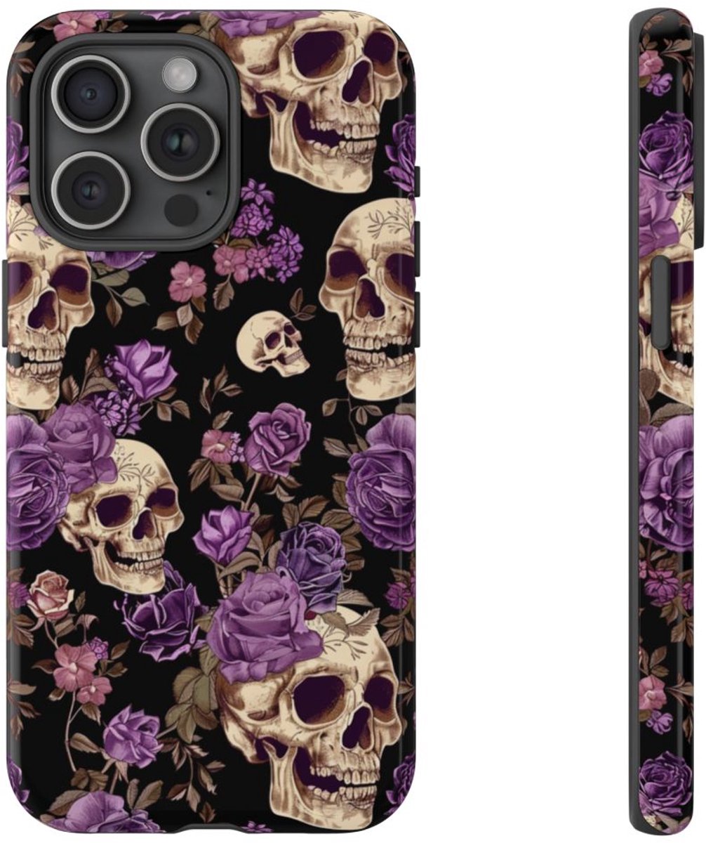 Paarse Rozen en Schedels Patroon – Telefoonhoesje Geschikt voor iPhone 15 Pro Max