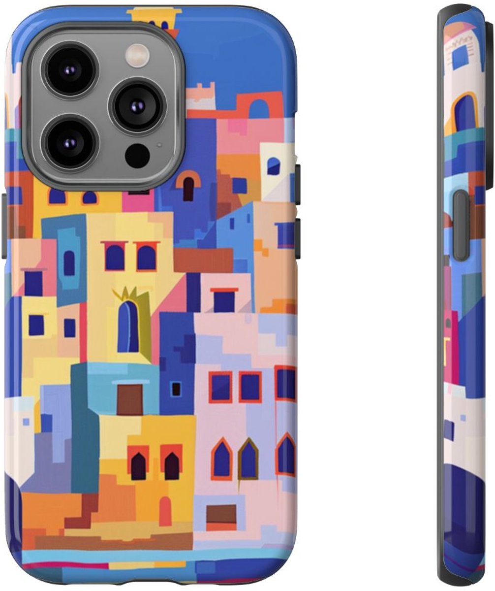 Kleurrijke Illustratie van een Kuststad – Telefoonhoesje Geschikt voor iPhone 14 Pro