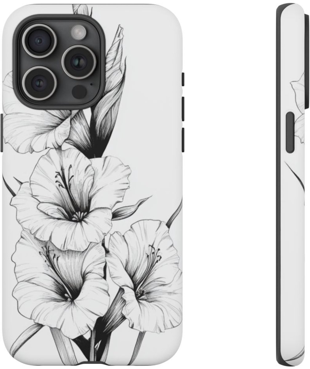 Fijn Lijn Gladiolen Bloemmotief – Telefoonhoesje Geschikt voor iPhone 15 Pro Max