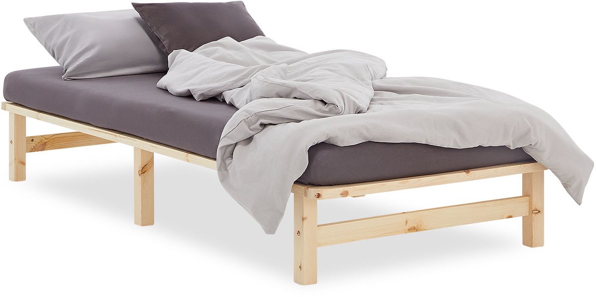 Homestyle4u Houten bed - 100x200 cm - Naturel - met lattenbodem