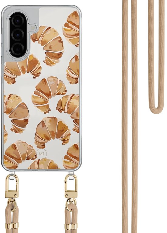 Coque transparente avec imprimé croissant et cordon beige aux détails dorés.