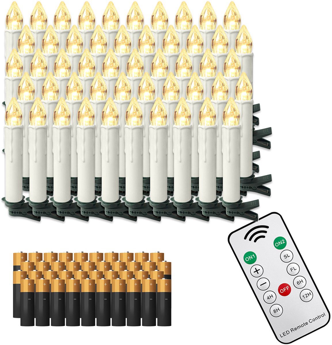 NAIZY 50x LED Kaarsen Kerstkaarsen draadloos warm wit Kerstkaars met timerfunctie afstandsbediening Kerstkaarsen LED kaars met clip, voor feestdecoratie bruiloft feest, met Batterij