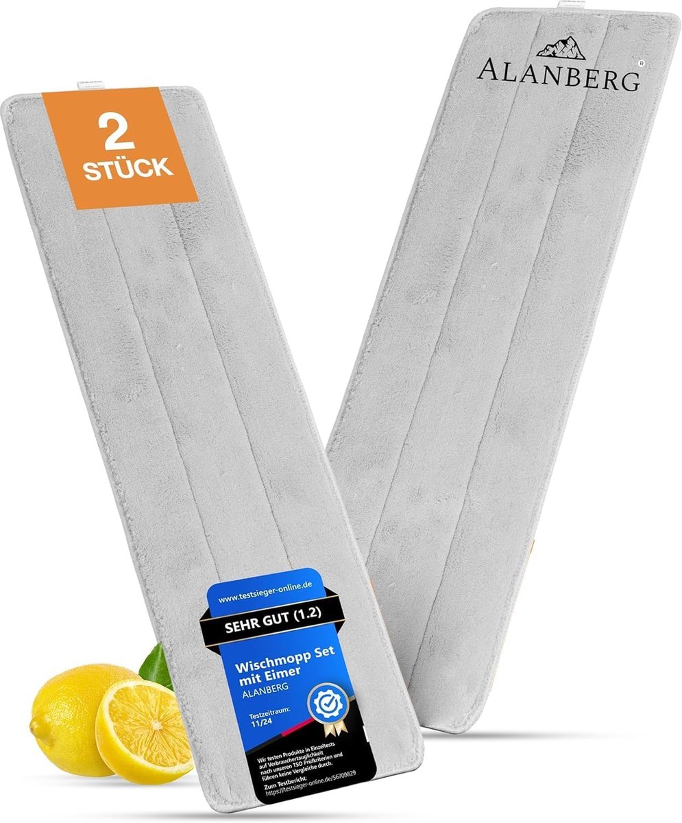 ALANBERG® Dweilset Met Emmer 2 Kamersysteem Voor Vuil Schoonwaterafscheiding Zelfuitwringend Microvezel Dweilpads Dweil Alle Vloeren Grijs 1594739338
