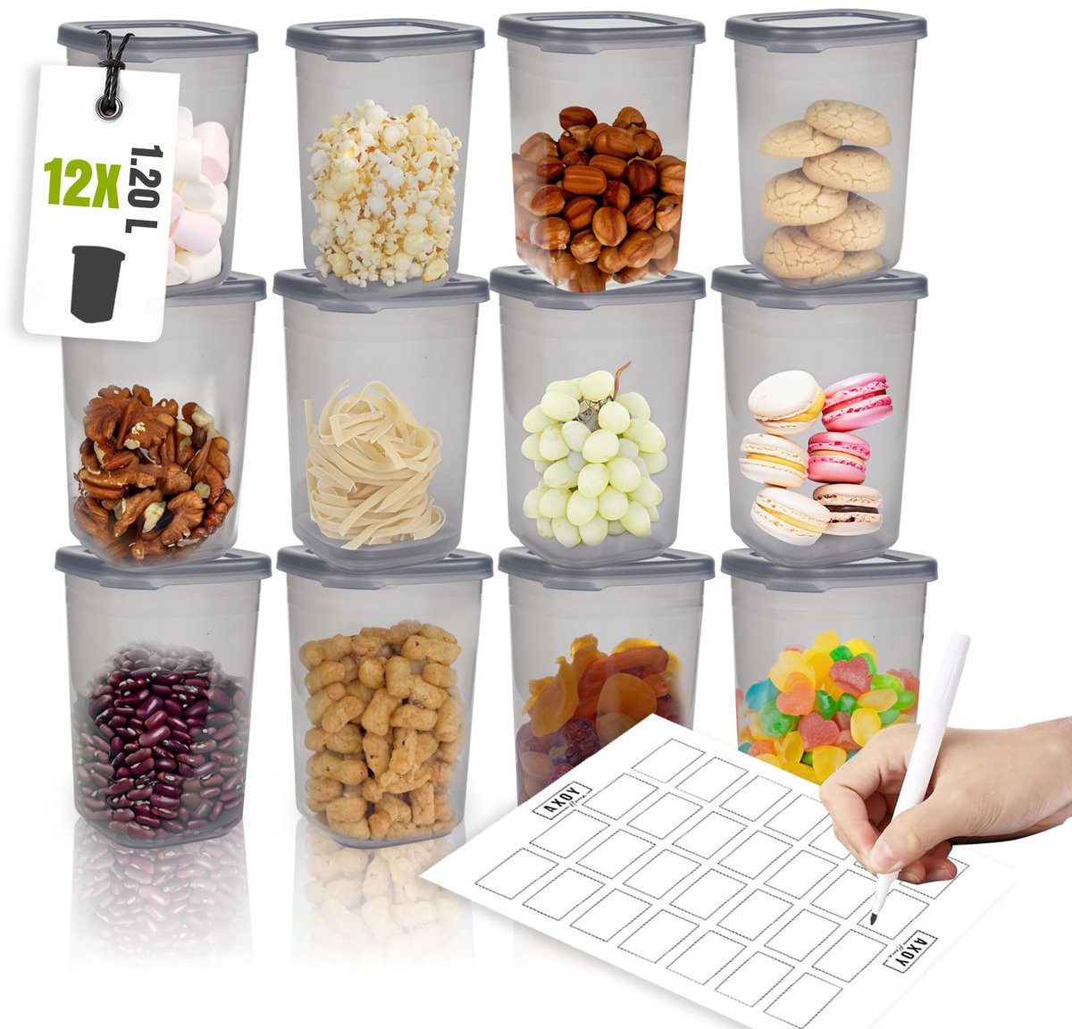 AXOY Home BPA-vrije set van 12 luchtdichte opbergdozen met deksels - Opbergdoosset voor keuken en koelkast - Voedselcontainers en organizer 1,2 L/12x8x8 cm