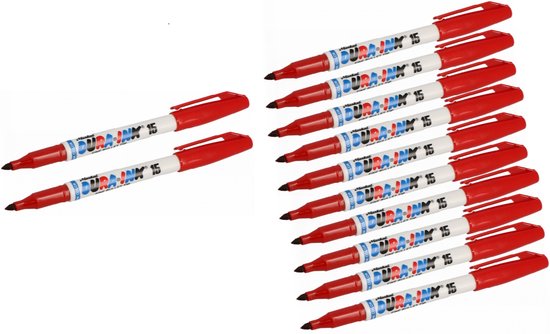 Set de 12 marqueurs permanents DURA- INK 15 de couleur rouge avec une pointe fine de 1 mm. Résistant à l'eau et à l'usure – idéal pour une utilisation industrielle