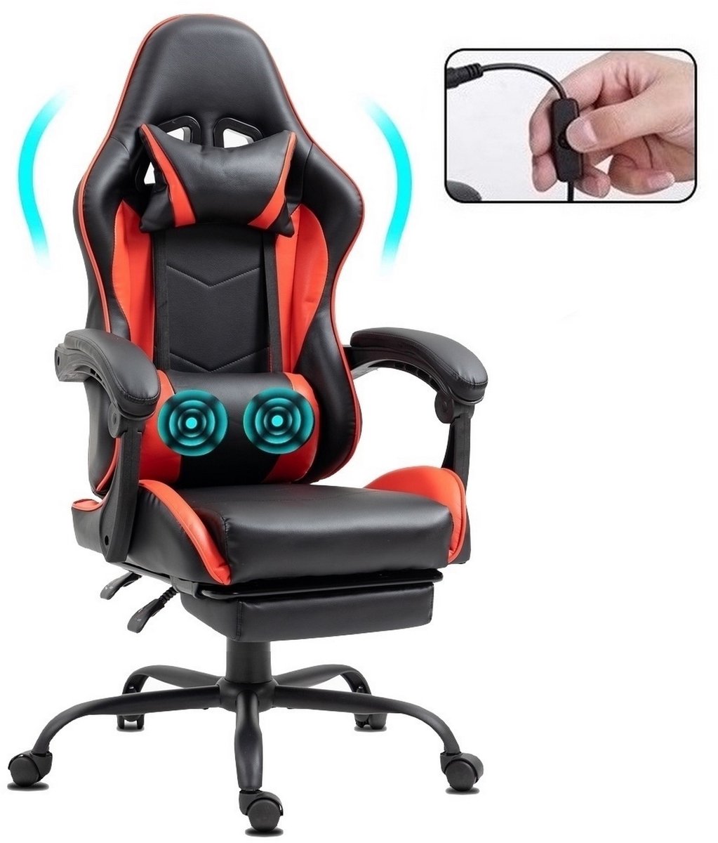 Delman Gaming- en bureaustoel met massagefunctie,2 trillingspunten, 360° draaibaar, met USB-poort, hoofdsteun en voetensteun, kantelbare rugleuning, draagvermogen 150kg