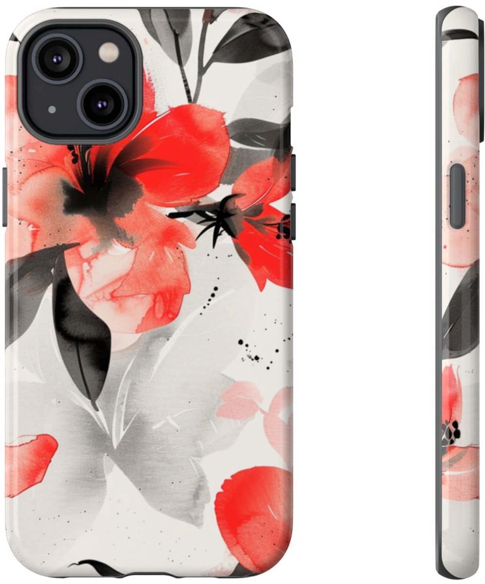 Rood-Zwart Waterverf Bloemenpatroon – Telefoonhoesje Geschikt voor iPhone 14 Plus