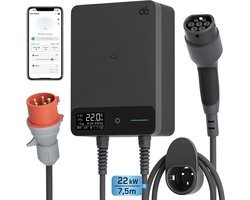 depow Laadpaal 22kW 32A 3 fase - Wallbox met APP - 7,5 meter Type 2 vaste kabel - EV-laadstation met Aardlekschakelaar Type B en IP54 Bescherming - voor BEV/PHEV, Zwart