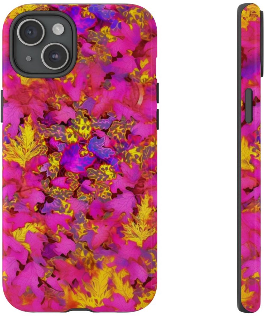 Levendig Roze-Geel Bladerenpatroon – Telefoonhoesje Geschikt voor iPhone 15 Plus