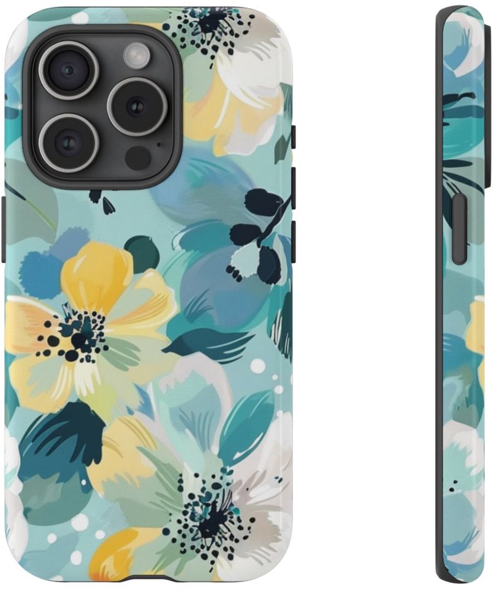 Turquoise Bloemenpatroon met Stippen – Telefoonhoesje Geschikt voor iPhone 15 Pro