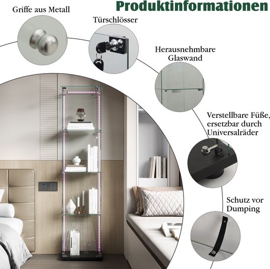 TIMORWTF Vitrine van glas met ledverlichting, moderne vitrine kast met