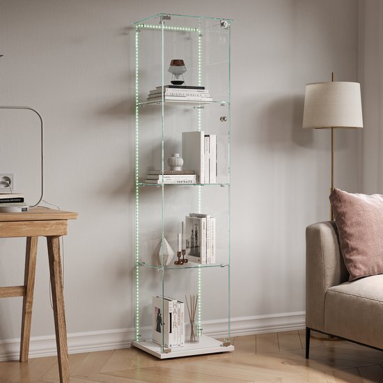 Vitrine en Verres avec LED - vitrine pour collections, 4 étagères en verre ESG, pour chambre, salon et bar, 163 x 39,8 x 35 cm (blanc, bande LED)
