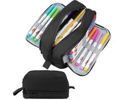 Etui - Grote capaciteit - Met 4 compartimenten - Etui met rits - Groot ritsvak - Bureau-organizer - Schrijfwarenorganizer met handgrepen - Geschikt voor kinderen en volwassenen - Slijtvaste etui - Geschikt voor school, kantoor, studenten (zwart)