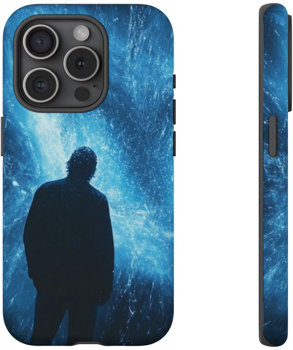 Silhouet met Blauwe Lichtflits – Telefoonhoesje Geschikt voor iPhone 15 Pro