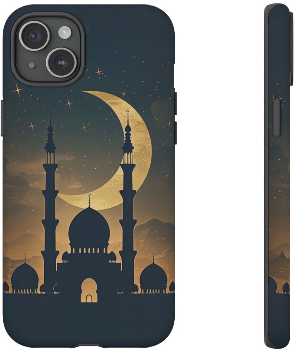 Sierlijke Halve Maan en Moskee Silhouet – Telefoonhoesje Geschikt voor iPhone 15 Plus
