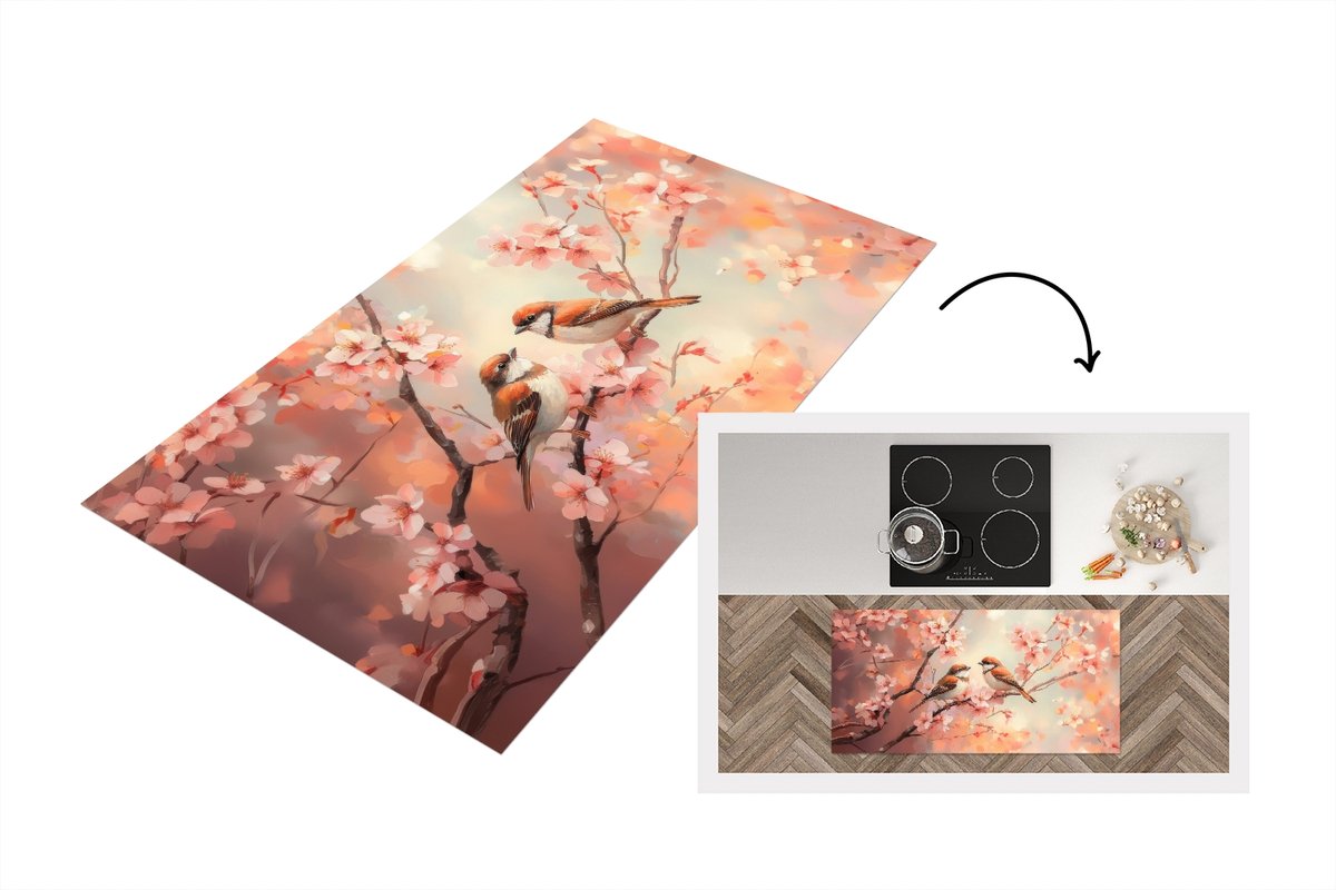 KitchenYeah Keukenloper 120x60 cm - Keukenmat vinyl Vogels - Romantic - Bloesemtak - Keukenmatten loper - Keuken vloerkleed tapijt Vogels - Bloesemtak