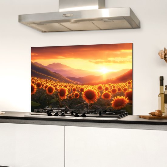 Crédence de Cuisinière en Aluminium 70x50 cm - Tournesols - Coucher de soleil - Paysage - Écran Pare-éclaboussures pour Plaque de Cuisson - Protection Murale