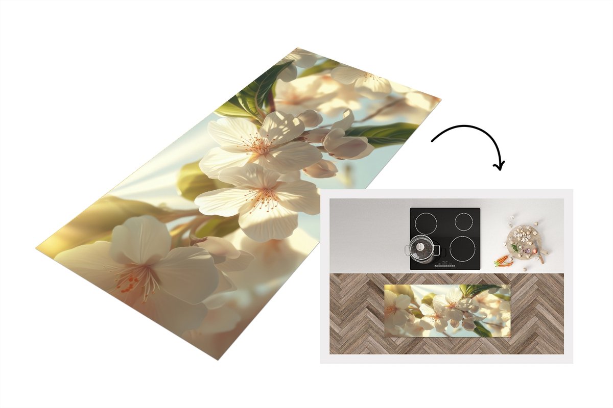 KitchenYeah Keukenloper 120x50 cm - Keukenmat vinyl Bloesems - Wit - Zonnestralen - Bloemblaadjes - Keukenmatten loper - Keuken vloerkleed tapijt