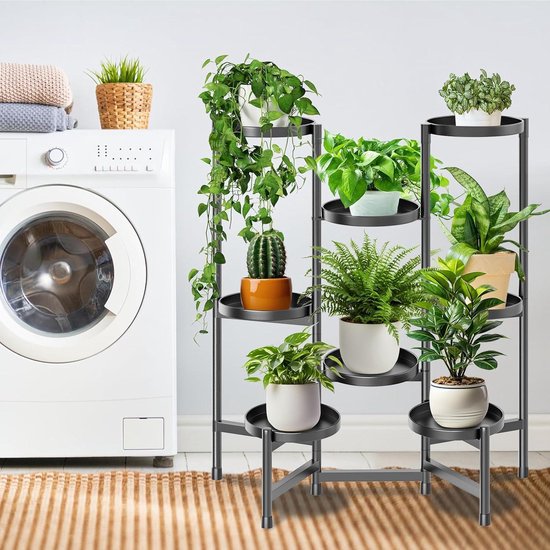 iDavosic.ly 5-laags plantenstandaard voor binnen, gelaagde hoek hoge plantenplank voor buiten voor meerdere planten, metalen houten bloemenstandaard displayhouder voor terras, tuin, veranda, raam