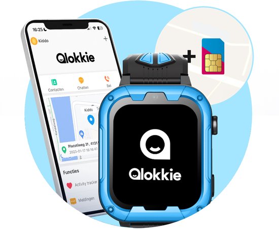 Qlokkie Kiddo Play - GPS horloge kind - Smartwatch kinderen - GPS tracker kind met nauwkeurige locatiebepaling - GPS horloge kind met simkaart - Stel veilige zones in - SOS functie - Whatsapp - Blauw