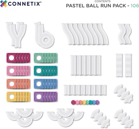Set Connetix Pastel Ball Run 106 stuks: rechte en gebogen baanonderdelen, vierkante en driehoekige tegels in pastelkleuren, en gekleurde ballen.