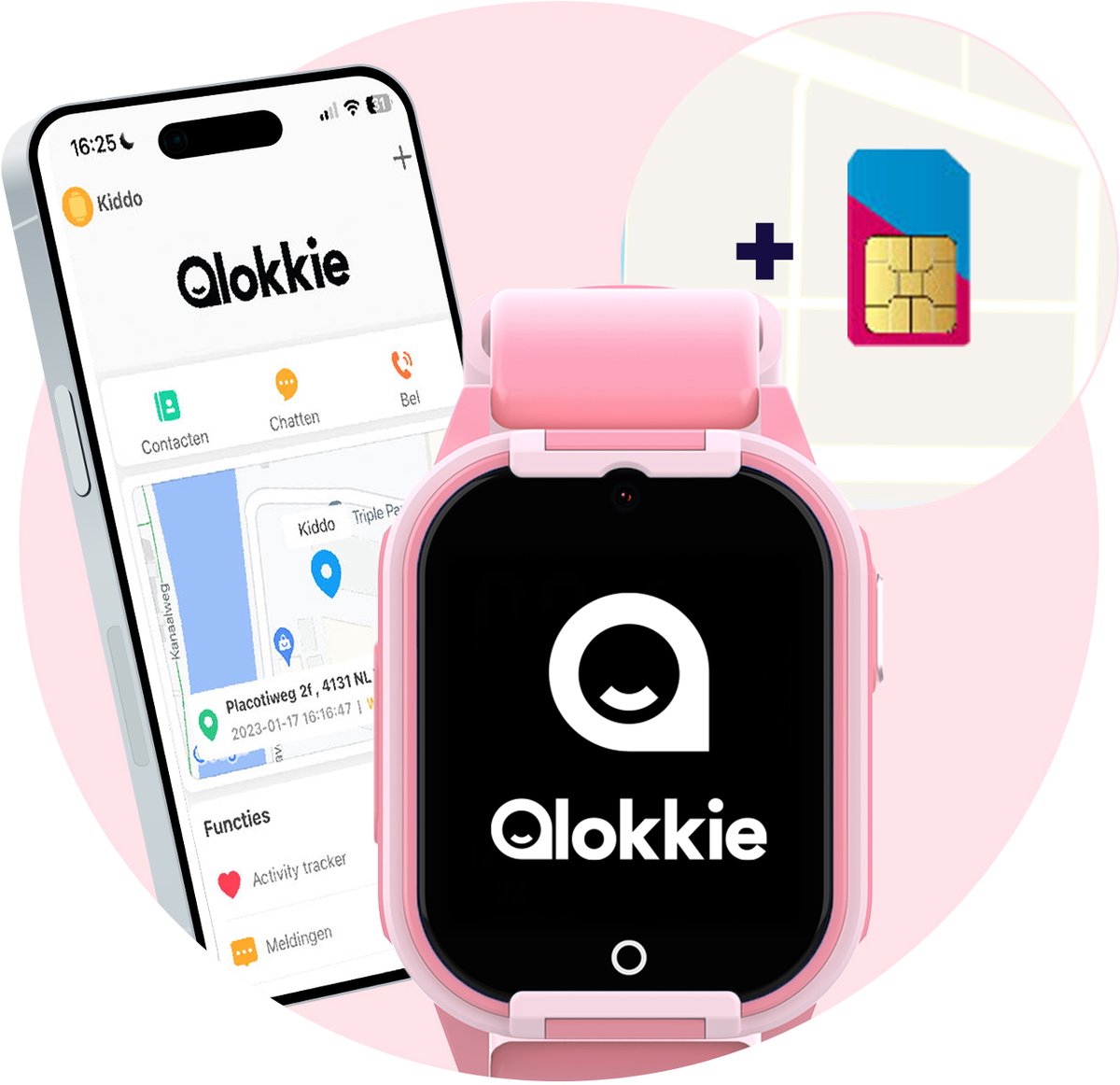 Qlokkie Kiddo Lite - GPS horloge kind - Smartwatch kinderen - GPS tracker kind met nauwkeurige locatiebepaling - GPS horloge kind met simkaart - Stel veilige zones in - SOS functie - Roze