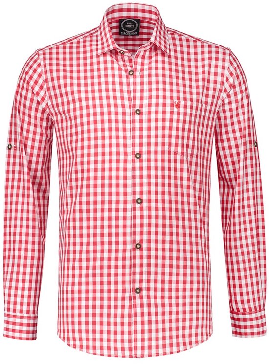 Chemise à carreaux rouge et blanc à manches longues et fermeture boutonnée. Une poche poitrine avec logo brodé.