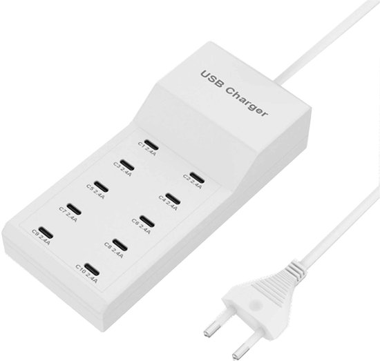 GOMETY 10-voudige platte stekkerdoos, USB-stekkerdoos met overspanningsbeveiliging met 10 AC-platte stekkers, 3 USB-laders en 1 type C -aansluitingen, stekkerdoos met 2 m kabel (CE-4