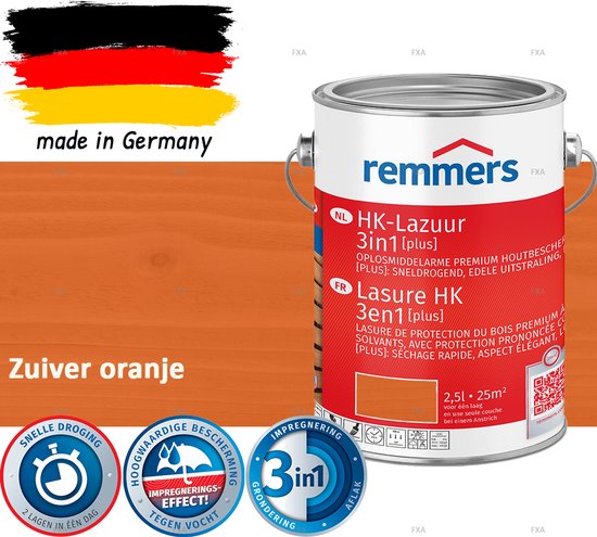 Remmers HK Lazuur 3-in-1 [plus] Zuiver oranje - Premium Houtbeits voor Buiten | Transparant, Sneldrogend, Oplosmiddelarm | 2,5Liter