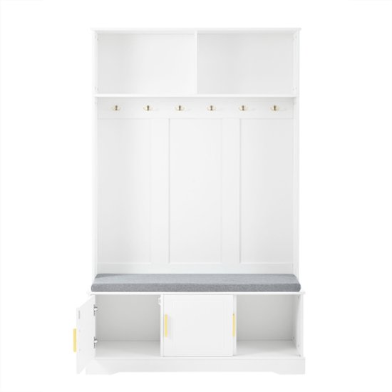 Witte kapstok met grijze zitbank, zes haken en drie opbergvakken met deuren.