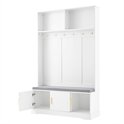 Witte kapstok met grijze zitbank, open deur op linker opbergvak, zes haken en bovenste planken.