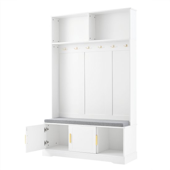 Witte kapstok met grijze zitbank, open deur op linker opbergvak, zes haken en bovenste planken.