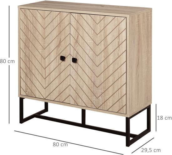 Een houten kast met visgraatpatroon op de deuren, op zwarte metalen poten. Afmetingen: 80x29,5x80 cm.