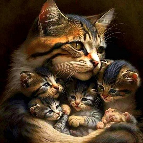 Peinture diamantée d'une chatte mère et de quatre chatons, en gros plan.