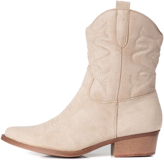 Beige Suede Cowboy Laarsjes Kort Enkellaarsjes Cowboy Laarsjes