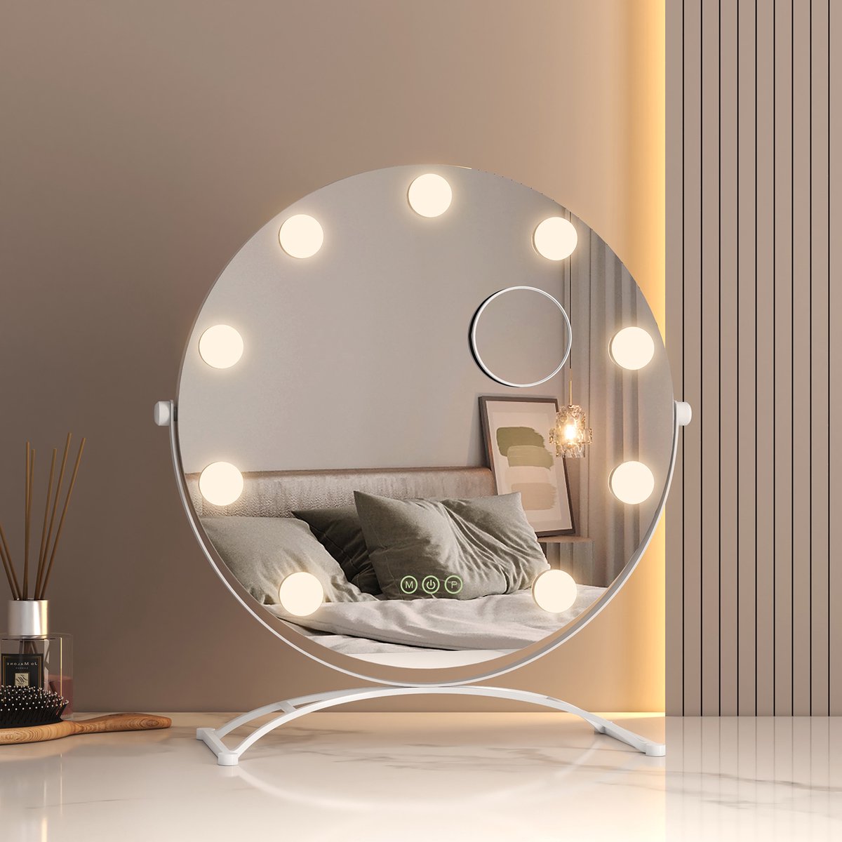 EMKE Make Up Spiegel met Verlichting - 360° Draaibaar - 3 Lichtstanden - Touch & Dimbaar - 7x Vergroting - Rond - Wit - 40cm