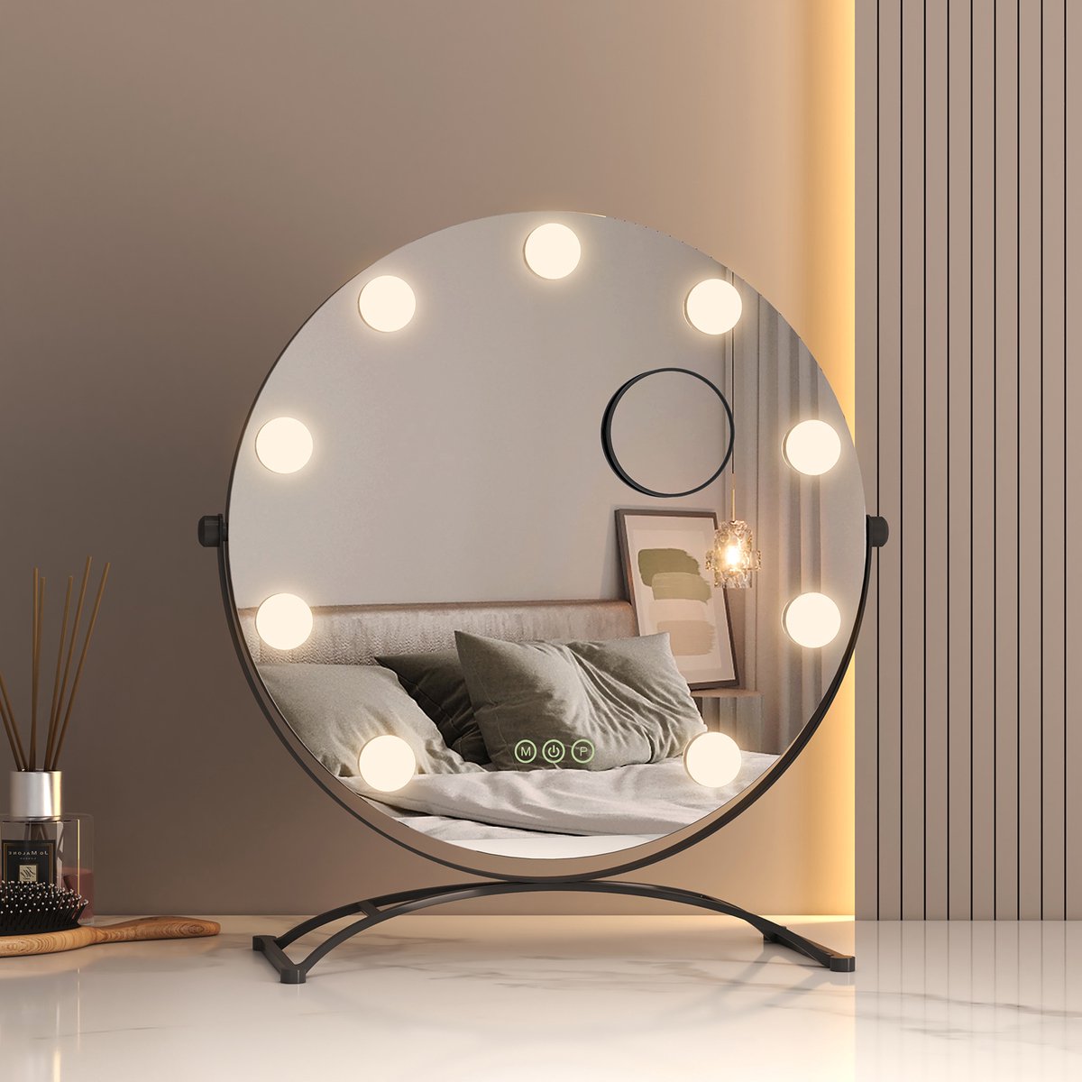 EMKE Make Up Spiegel met Verlichting - 360° Draaibaar - 3 Lichtstanden - Touch & Dimbaar - 7x Vergroting - Rond - Zwart - 40cm