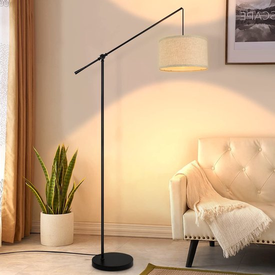 Boogvormige staande lamp voor de woonkamer met 3 kleurtemperaturen, 12W E27- lamp inbegrepen, linnen lampenkap, voetschakelaar, dimbare led-staande lamp. Geschikt voor slaapkamer, leeshoek, kantoor, en