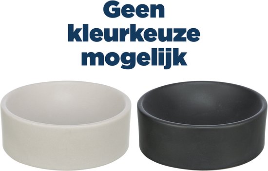 Twee keramische voerbakken, één lichtgrijs en één zwart, met de tekst "Geen kleurkeuze mogelijk".
